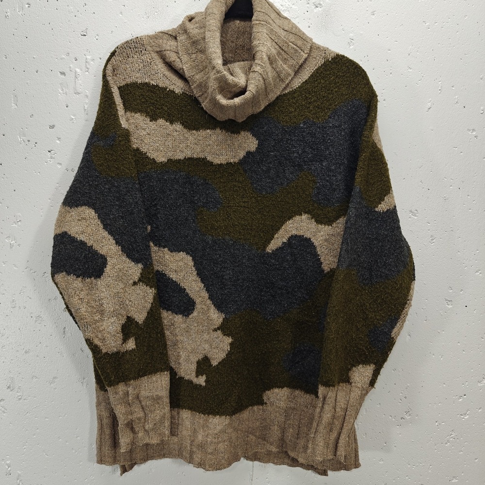 Oddy‎ S/M Womens Sweater Brown Camo Cowl Neck Split Side